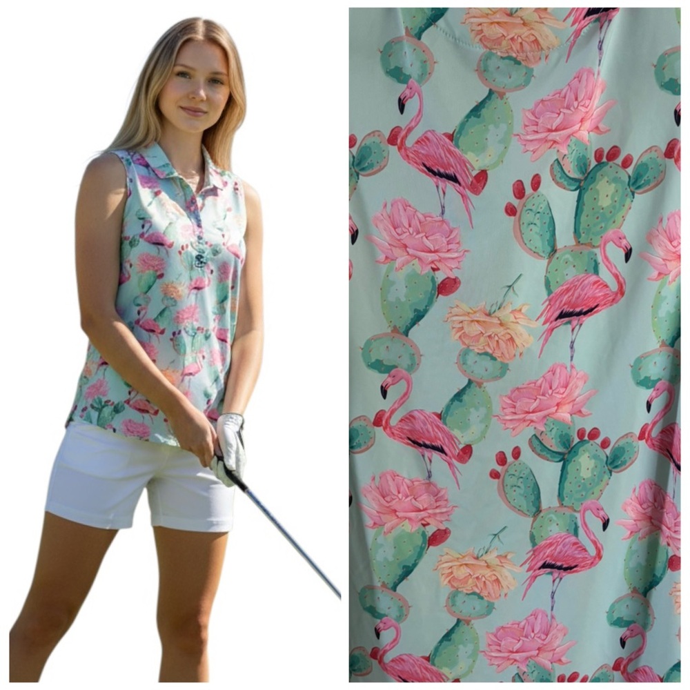 Bad Birdie Sleeveless Flamingo & Cactus Polo in Mint and Pink